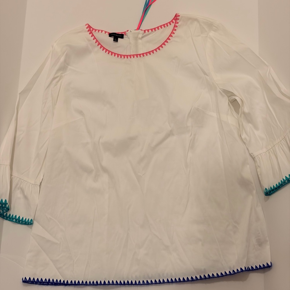 Talbots White Blouse with Pink, Teal & Navy Trim